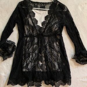 Elegant Black Lace Kimono Robe